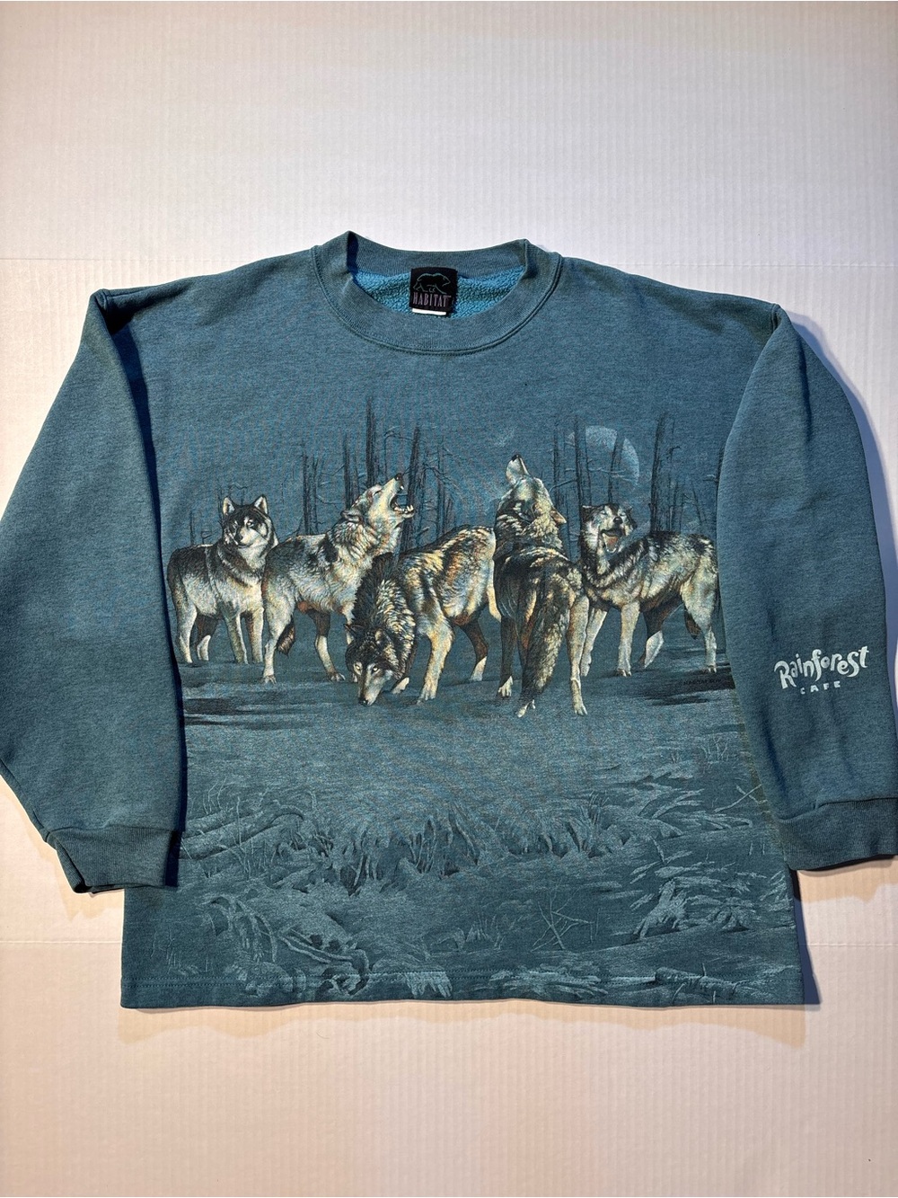 Vtg Habitat Rain Forest Cafe Wolf Nature 90’s USA AOP Crewneck Sweatshirt Sz XL